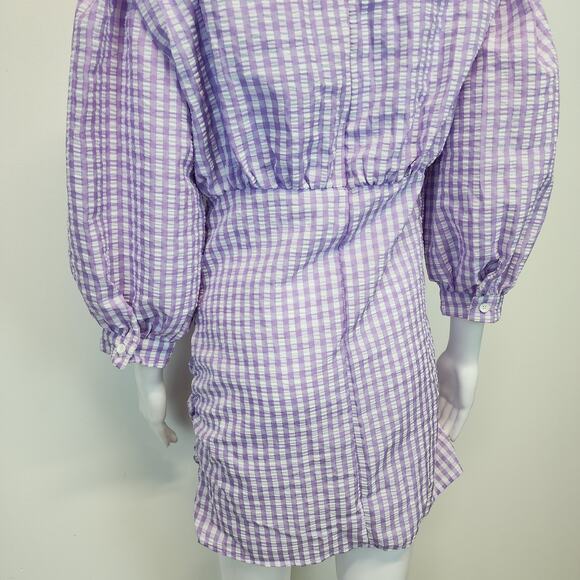 Zara Farmers Daughter Mini Dress Size M Purple Ruched Front Gingham Puff Sleeve - Picture 10 of 16
